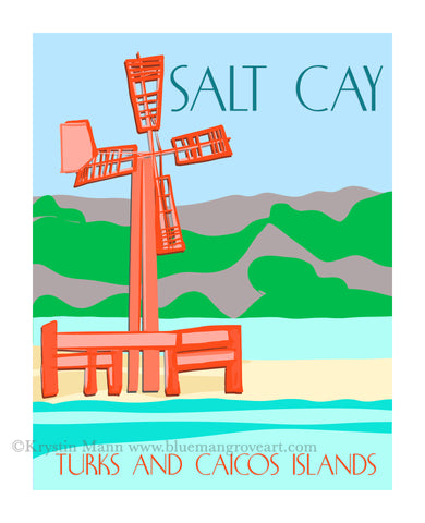 Salt Cay turks and Caicos Islands, a red windmill in the salt ponds and blue water