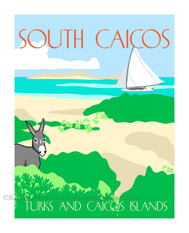 South Caicos graphic art travel print with a beach, blue water and a large sailing sloop on the horizon.  a donkey is in the foreground