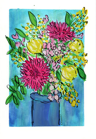 a painting of a floral bouquet in Gouache with pink roses, yellow florals and green leaves in a blue vase with a teal background