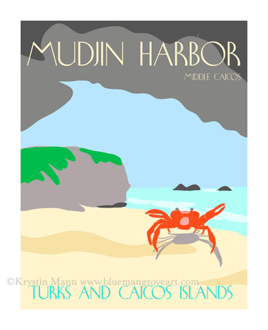 A beach on middle caicos with a small crab in the front outlined by a cave. Mudjin Harbor Middle Caicos is on the top of the graphic poster