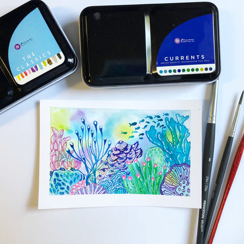 watercolor postcard with an underwater abstract scene and paintbrushes and paint
