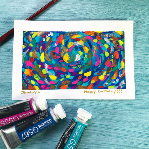 watercolor postcard with abstract swirls in bright colors