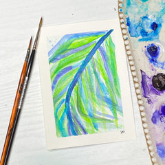 watercolor postcard of purple and green palm leaf