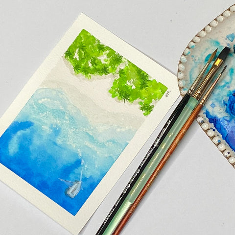 watercolor postcard of the sea and beach