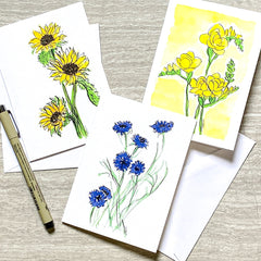 Watercolor Floral notecards with Cornflower, sunflowers and Freesia and ink pen of Sweet Pea flowers with envelopes