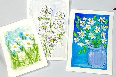 3 different paintings of daisies, left is watercolor, middle is watercolor outlined in ink, and the right is gouache