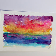 watercolor postcard of abstract sunset