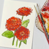 Watercolor Floral painting of Zinnia flowers out lined in ink