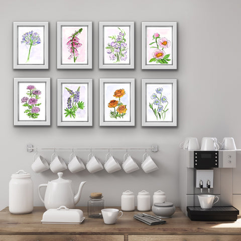 framed floral watercolor prints in a group of 8 over a breakfast coffee station