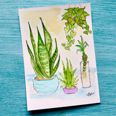 watercolor postcard of various potted plants