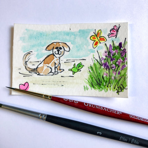 hand painted postcard illustration of a dog and flowers