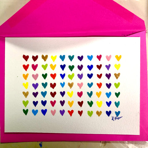 painted postcard of mini rainbow hearts in a grid