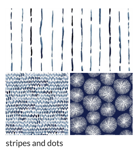 patterns of stripes and dots in navy and white
