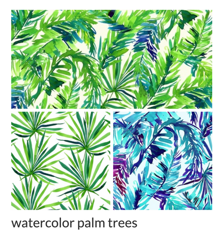 various patterns of blue and green watercolor palm leaves