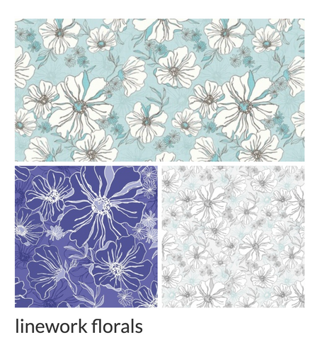 collection of patterns of flowers in linework with blue and periwinkle backgrounds
