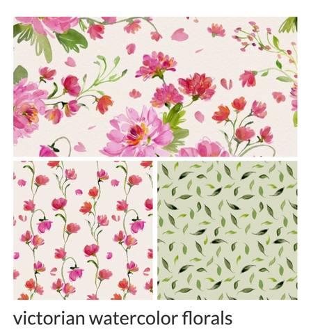 various watercolor patterns of pink peonies and green leaves