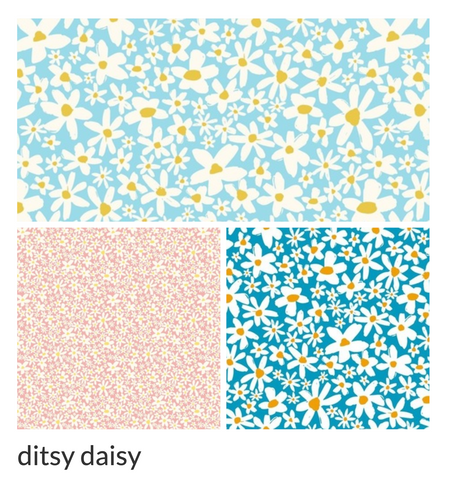 patterns of small daisies in scattered patterns on background of pink and blue