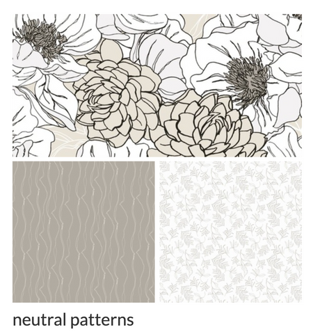 various patterns of flowers, stripes and leaves in taupes beige and black