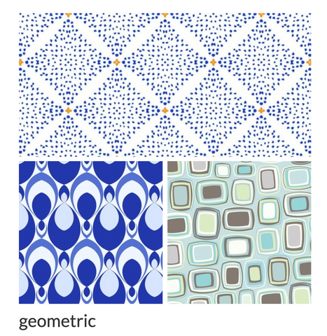 images of various geometric patterns blue dots, blue ovals and brown and mint rounded rectangles