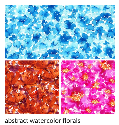 various watercolor abstract floral patterns in blues, oranges and pinks