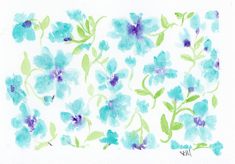 painting of blue flowers in a pattern with purple centers