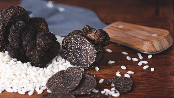 Fresh black truffles shaved with a truffle slicer.