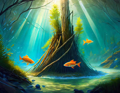 illustration of fish swinging around brush piles under water.