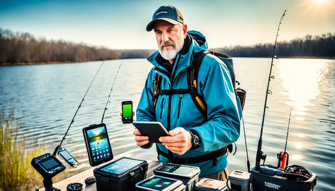 Fishing Apps, fisherman holding a ton of equipment and devices.