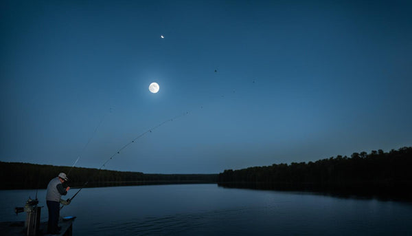 A lone fisherman standing on the edge of a dock, casting his line into the dark water below. The moon casts just enough light to illuminate the outline of a school of crappie swimming beneath the surface. The fisherman's fishing rod is bent as he reels in a catch, using only the subtle movements of his wrist to avoid scaring off the rest of the crappie. The water's reflection shimmers with the slightest hint of movement as the fisherman expertly navigates through the secret world of night crappie fishing.