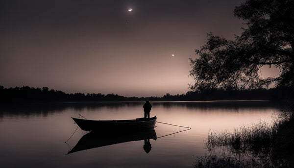 A serene lake surrounded by trees, with a fishing boat in the distance and a spotlight shining on the water. The reflection of the moon is visible on the calm surface of the lake.
