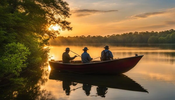 Crappie Anglers, fishing on old boat during the sunset.