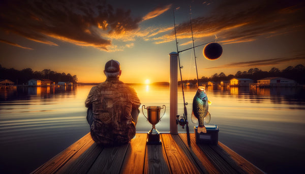 patient angler sits on a doc to catch a fish.