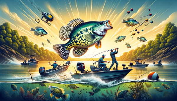 crappie flying through the air as anglers competing in a tournament try to catch them.