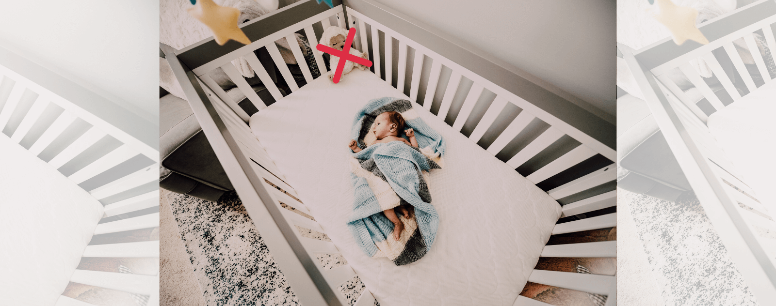 Baby sleeping in his cradle with his stuffed toy