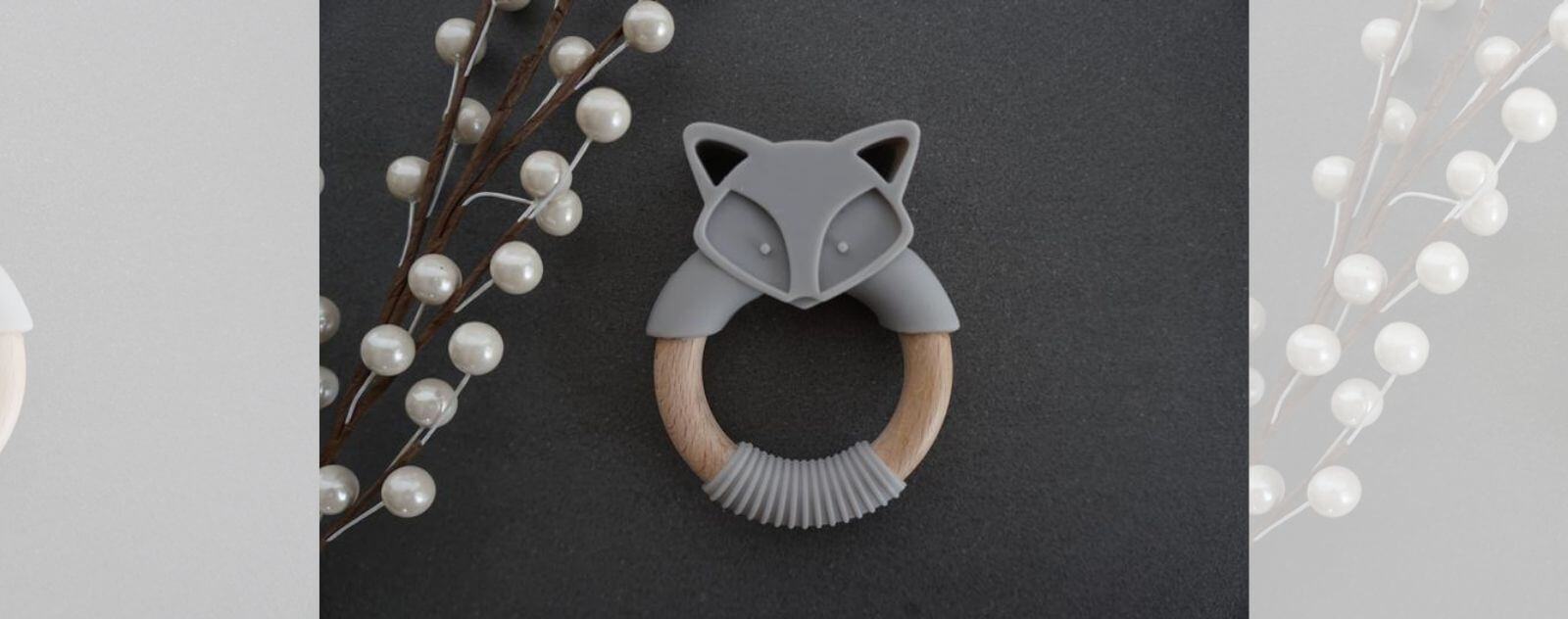 Birth Gift and Wooden Gray Fox Rattle to Chew for Babies and their Growing Teeth