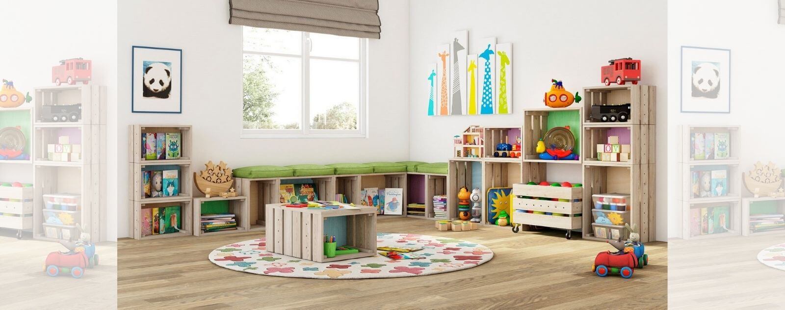 Cajas de almacenamiento para niños en una habitación ordenada con juguetes clasificados