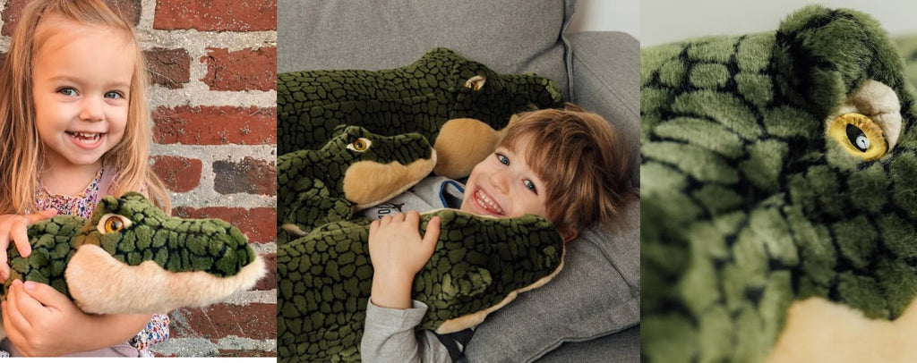 children and crocodile plush