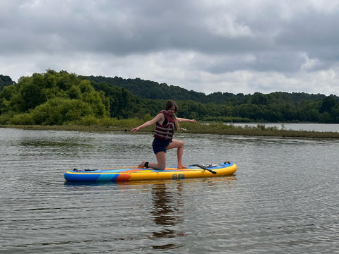 paddle board yoga on an inflatable sup board