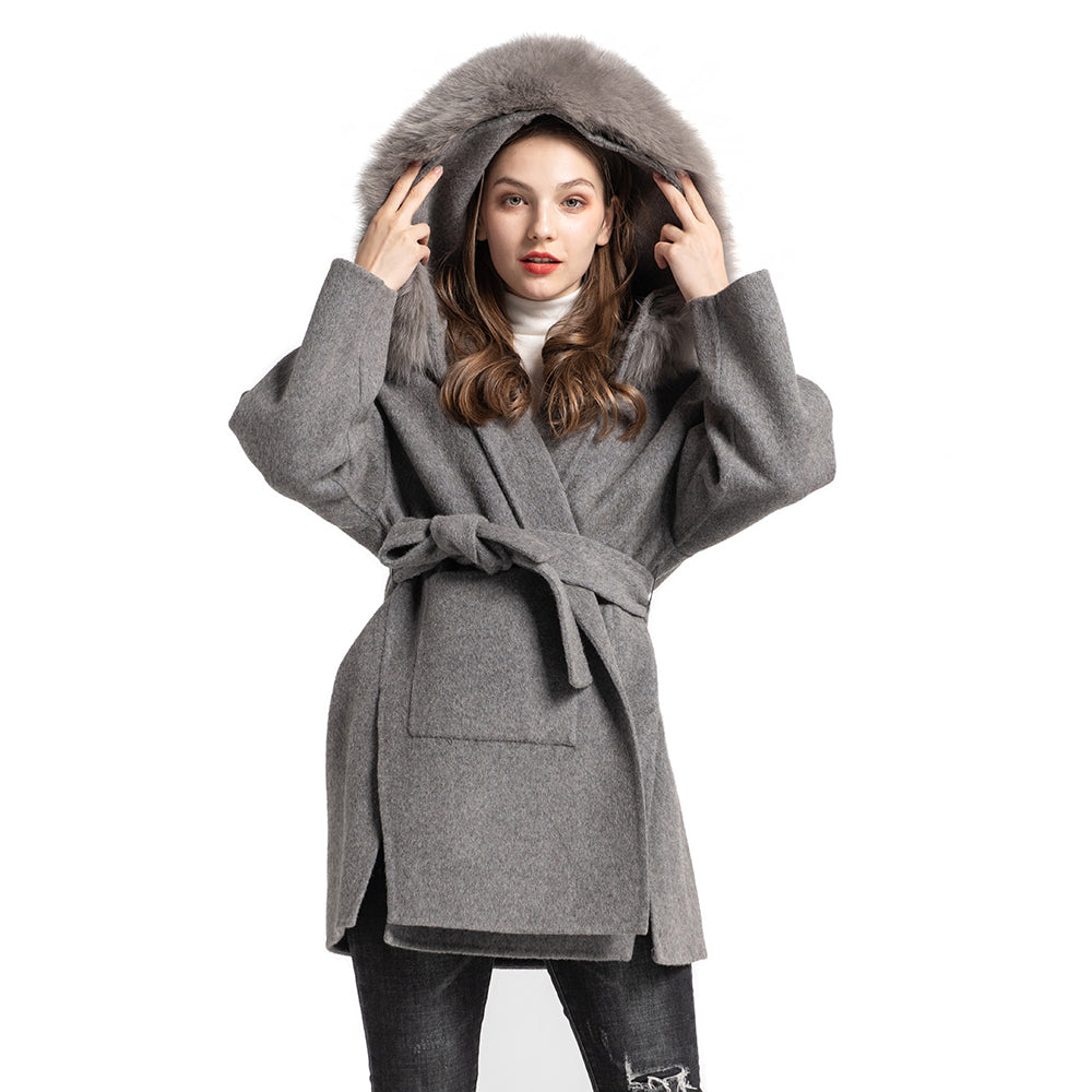 grey wool coat with fur hood