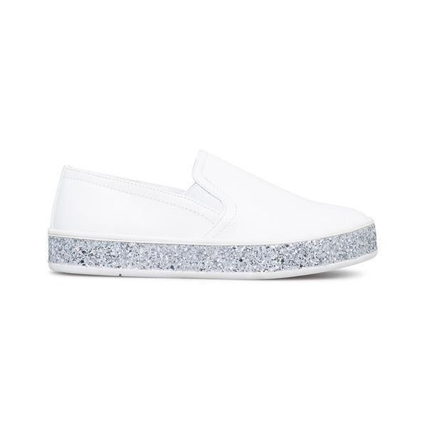 white glitter slip on shoes