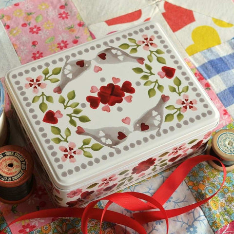 Emma Bridgewater lovebirds biscuit tin as sewing box