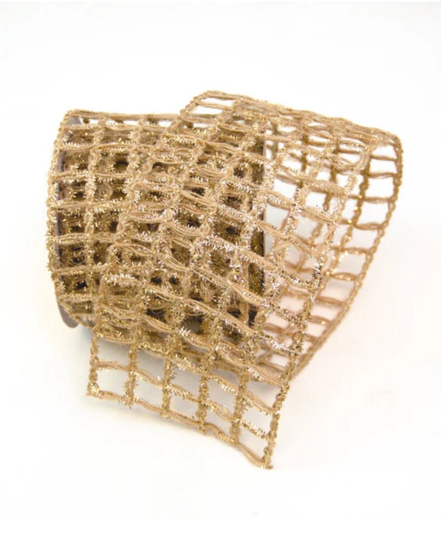 Farrisilk, gold shimmer wool mesh wired ribbon 4” natural glitz