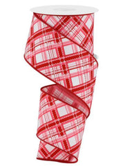 1 1/2 Wired Ribbon, White w/ Pink/Red Printed Bias Plaid