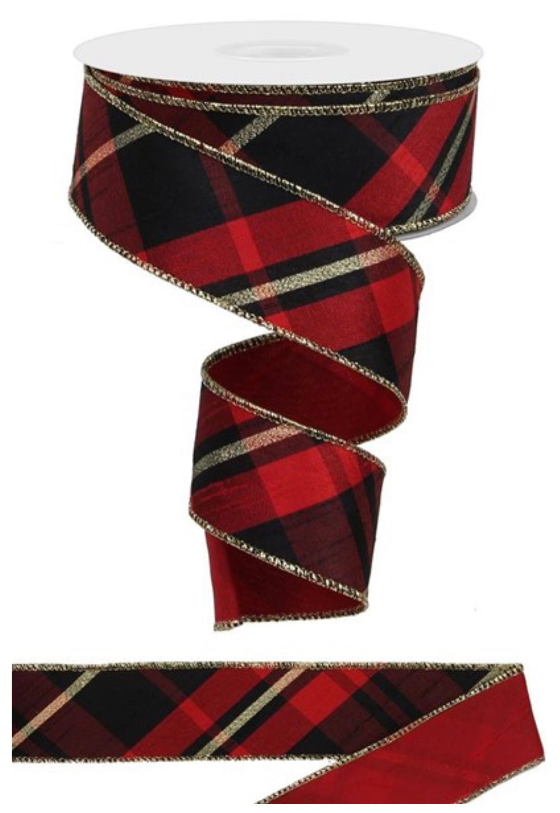 Red, gold, and black plaid wired ribbon 1.5” - Greenery Market