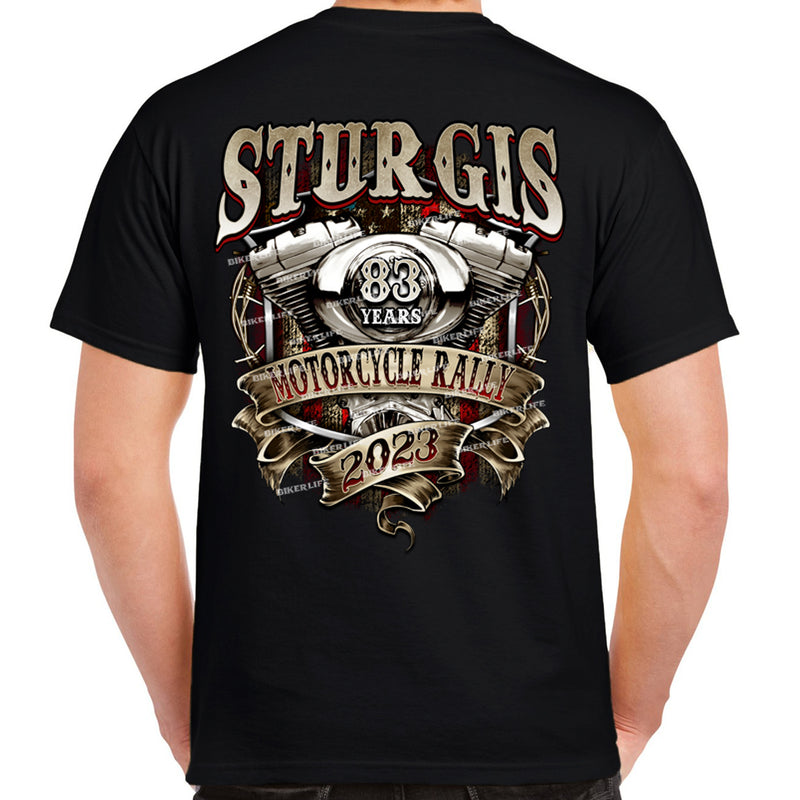 2023 Sturgis Motorcycle Rally Rustic Ribboned Engine TShirt Biker