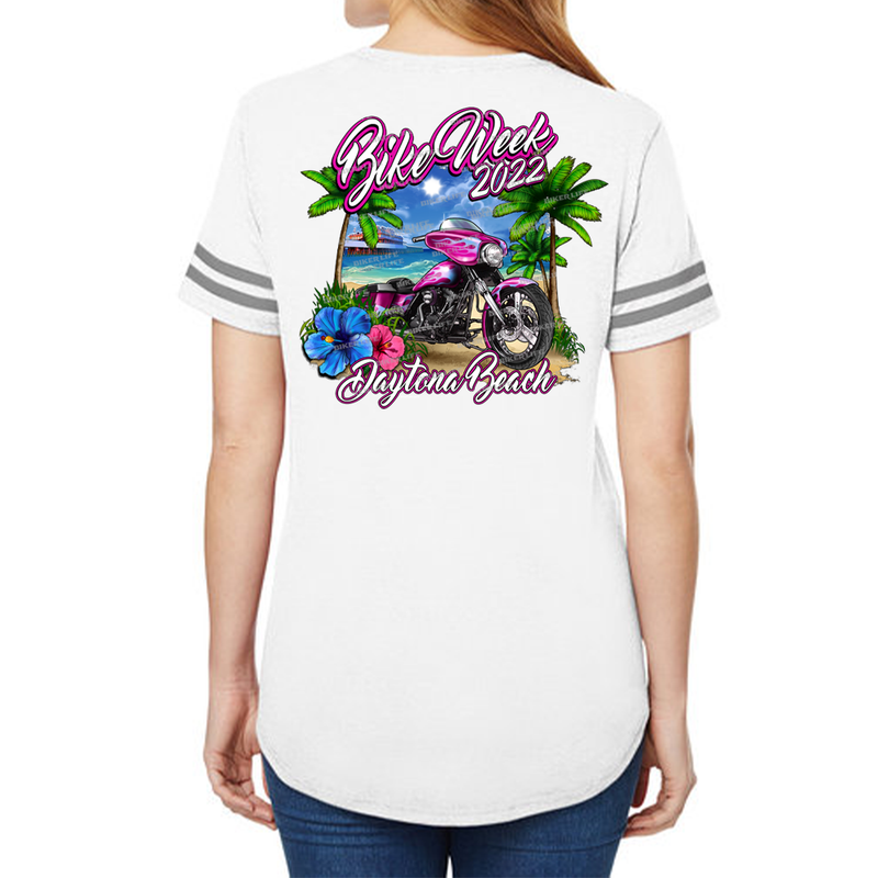 Ladies 2022 Bike Week Daytona Beach Pink Bike Victory TShirt Biker