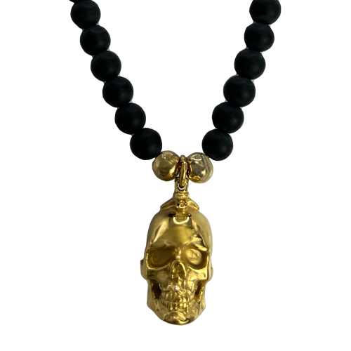 Black & Gold Beads Necklace with Stainless Steel Gold PVD Skull Pendant