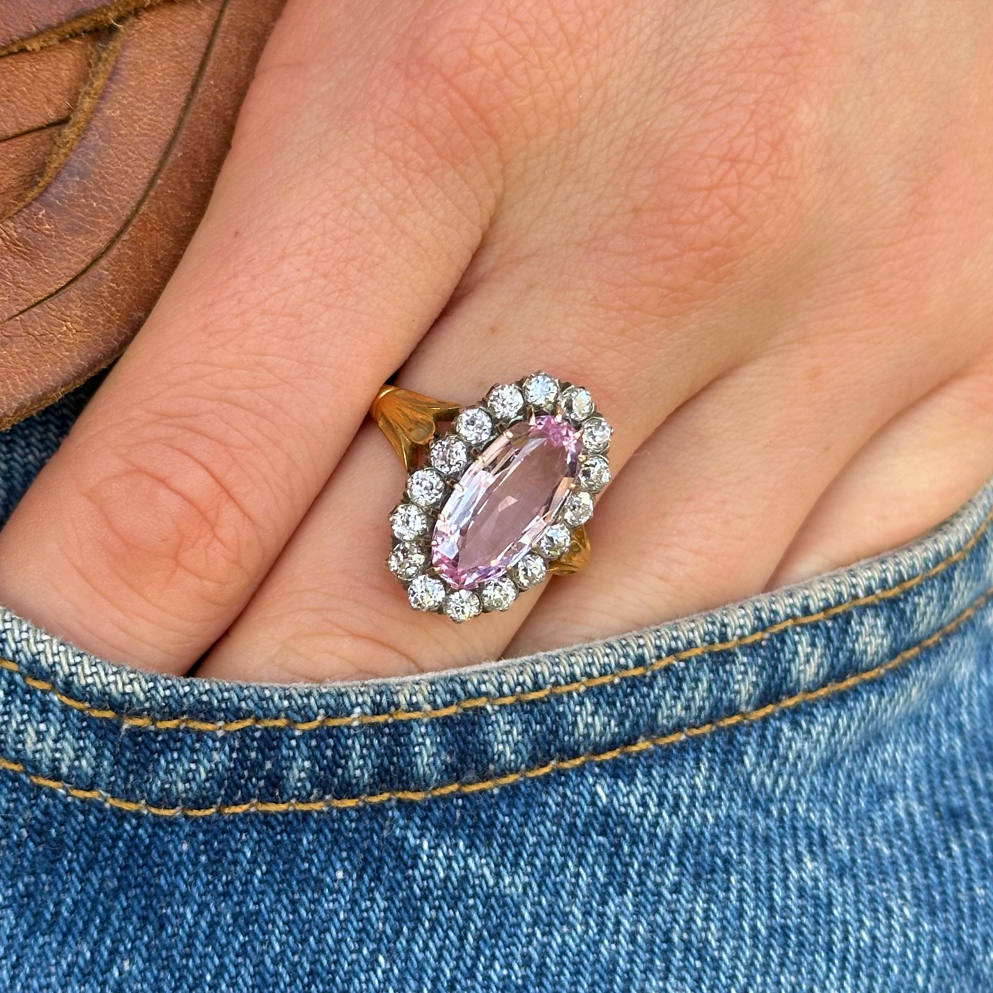 Antique, Belle Époque Pink Topaz and Diamond Cluster Ring, 18ct Yellow Gold worn on hand placed in pocket of jeans