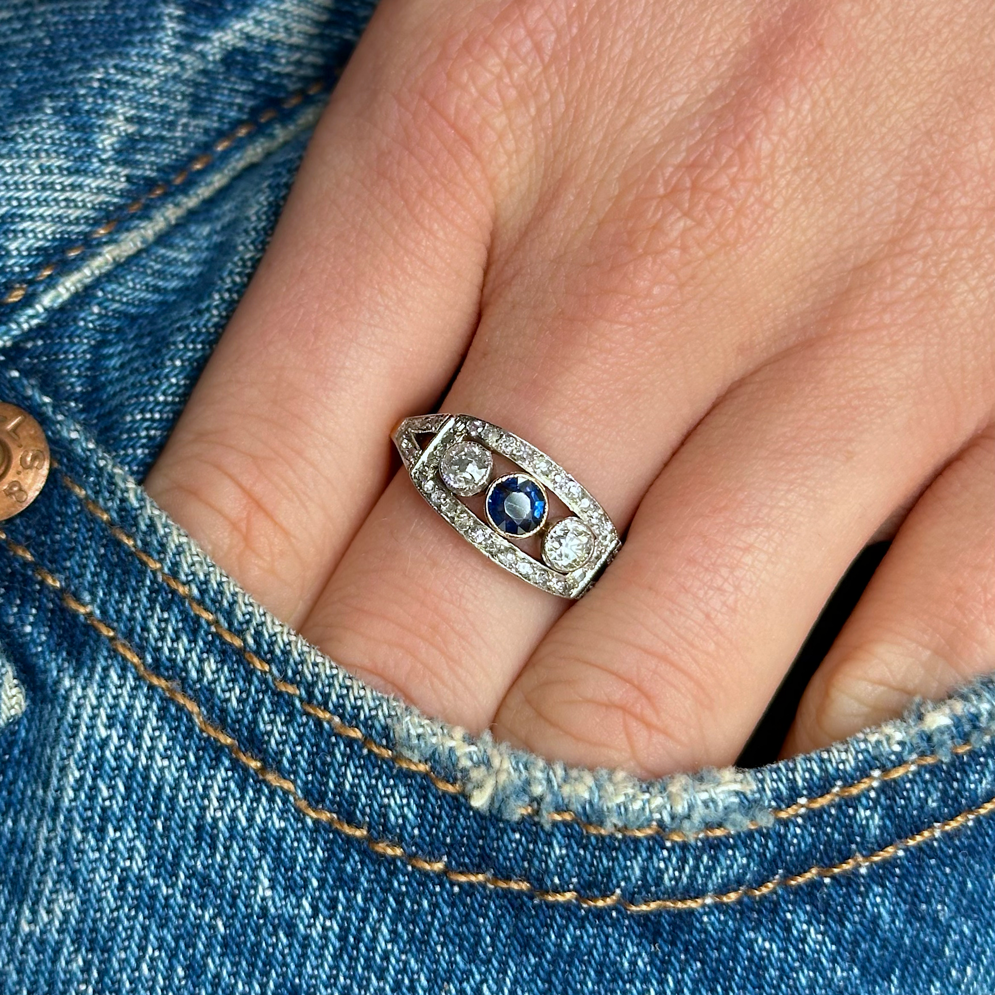 Vintage, Sapphire and Diamond Three-Stone Engagement Ring, 18ct Yellow and White Gold worn on hand