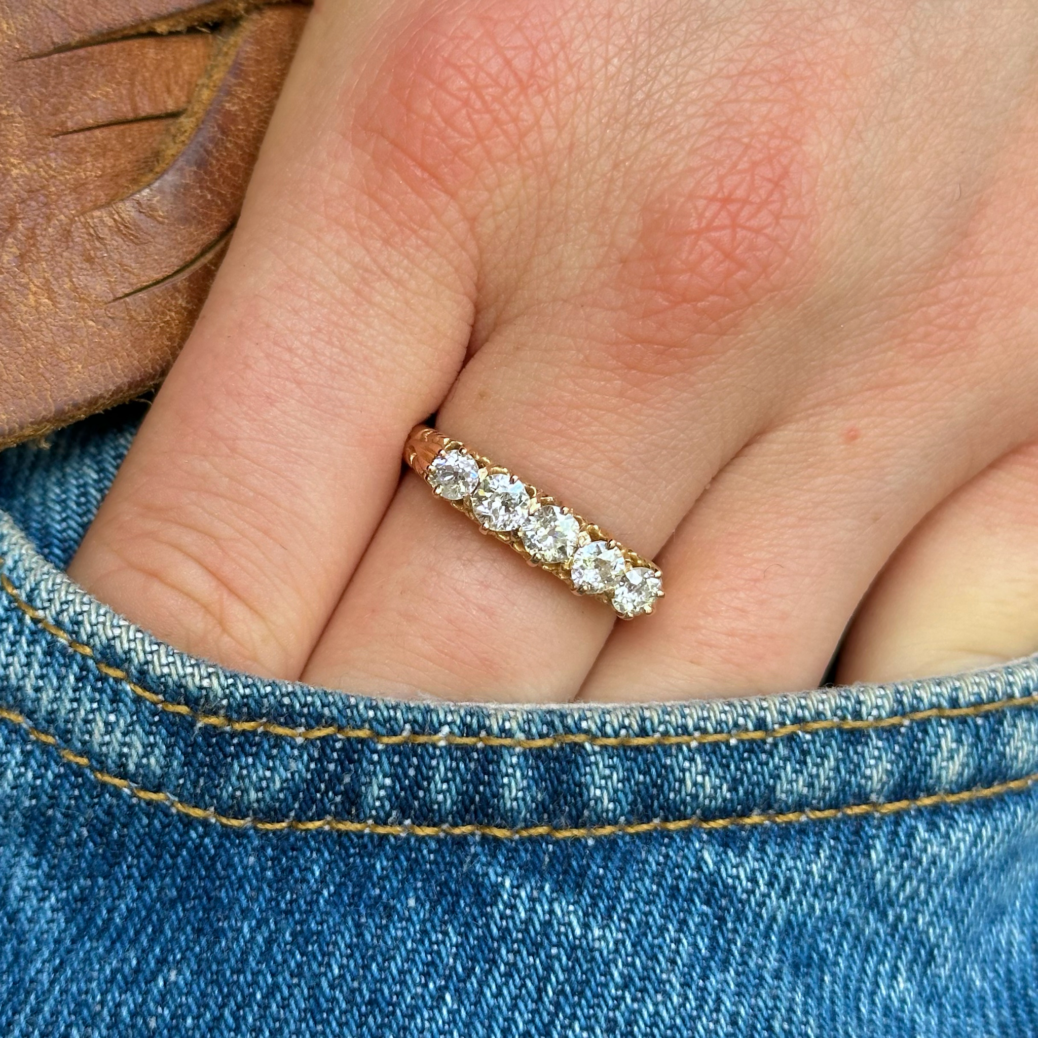 Antique, Diamond Half Hoop Ring, 18ct Rose Gold, worn on hand in pocket of jeans